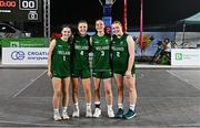 22 July 2025; Ireland players, from left, Aoibheann Donnelly, Muireann Teahan, Helena Keane and Faye McDonnell before the girls 3x3 Group C match between Team Ireland and Netherlands during day two of the 2025 European Youth Summer Olympic Festival at East Gate Mall in Skopje, North Macedonia. Photo by Tyler Miller/Sportsfile