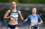23 July 2025; Lauren Roy, from Ballymena in Antrim, representing Tarleton State University and Ireland, left, crosses the line to finish second in the women's 200m during day seven of the FISU World University Games 2025 at Lohrheidestadion in Bochum, Germany. Photo by Shauna Clinton/Sportsfile