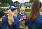 22 July 2025; Ireland head coach Lloyd Tennant gives a team talk before match two of the Women's T20 International Series between Ireland and Zimbabwe at Pembroke Cricket Club in Dublin. Photo by Sam Barnes/Sportsfile