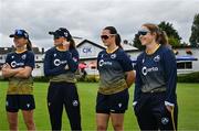 22 July 2025; Cara Murray of Ireland, right, prior to being presented with her 50th Women's T20 International Cap before match two of the Women's T20 International Series between Ireland and Zimbabwe at Pembroke Cricket Club in Dublin. Photo by Sam Barnes/Sportsfile