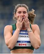 23 July 2025; Kate O'Connor, from Dundalk in Louth, representing Ulster University and Ireland, reacts during the women's heptathlon high jump on day seven of the FISU World University Games 2025 at Lohrheidestadion in Bochum, Germany. Photo by Shauna Clinton/Sportsfile