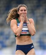 23 July 2025; Kate O'Connor, from Dundalk in Louth, representing Ulster University and Ireland, reacts during the women's heptathlon high jump on day seven of the FISU World University Games 2025 at Lohrheidestadion in Bochum, Germany. Photo by Shauna Clinton/Sportsfile