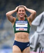 23 July 2025; Kate O'Connor, from Dundalk in Louth, representing Ulster University and Ireland, reacts during the women's heptathlon high jump on day seven of the FISU World University Games 2025 at Lohrheidestadion in Bochum, Germany. Photo by Shauna Clinton/Sportsfile