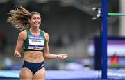 23 July 2025; Kate O'Connor, from Dundalk in Louth, representing Ulster University and Ireland, reacts during the women's heptathlon high jump on day seven of the FISU World University Games 2025 at Lohrheidestadion in Bochum, Germany. Photo by Shauna Clinton/Sportsfile