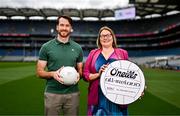 22 July 2025; James Towell, financial controller, O'Neills, left, and LGFA president Trina Murray during the 2025 O’Neills All-Ireland Club 7s Announcement at Croke Park in Dublin. Photo by Ben McShane/Sportsfile