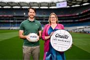 22 July 2025; James Towell, financial controller, O'Neills, left, and LGFA president Trina Murray during the 2025 O’Neills All-Ireland Club 7s Announcement at Croke Park in Dublin. Photo by Ben McShane/Sportsfile