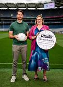 22 July 2025; James Towell, financial controller, O'Neills, left, and LGFA president Trina Murray during the 2025 O’Neills All-Ireland Club 7s Announcement at Croke Park in Dublin. Photo by Ben McShane/Sportsfile