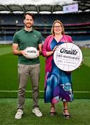 22 July 2025; James Towell, financial controller, O'Neills, left, and LGFA president Trina Murray during the 2025 O’Neills All-Ireland Club 7s Announcement at Croke Park in Dublin. Photo by Ben McShane/Sportsfile