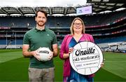 22 July 2025; James Towell, financial controller, O'Neills, left, and LGFA president Trina Murray during the 2025 O’Neills All-Ireland Club 7s Announcement at Croke Park in Dublin. Photo by Ben McShane/Sportsfile