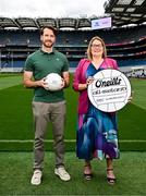 22 July 2025; James Towell, financial controller, O'Neills, left, and LGFA president Trina Murray during the 2025 O’Neills All-Ireland Club 7s Announcement at Croke Park in Dublin. Photo by Ben McShane/Sportsfile