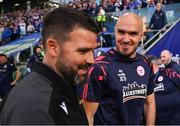 16 July 2025; Shelbourne head coach Joey O'Brien and Linfield manager David Healy, left, before the UEFA Champions League First Qualifying Round second leg match between Linfield and Shelbourne at Clearer Twist National Football Stadium at Windsor Park in Belfast. Photo by Stephen McCarthy/Sportsfile