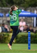 23 July 2025; Ireland bowler Leah Paul during match three of the Women's T20 International Series between Ireland and Zimbabwe at Sydney Parade in Dublin. Photo by Seb Daly/Sportsfile