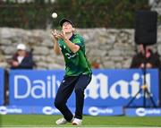 23 July 2025; Ireland fielder Orla Prendergast takes a catch to dismiss Zimbabwe batter Modester Mupachikwa, not pictured, during match three of the Women's T20 International Series between Ireland and Zimbabwe at Sydney Parade in Dublin. Photo by Seb Daly/Sportsfile