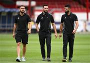 23 July 2025; Qarabag players from left, Elvin Jafarguliyev, Abbas Hüseynov and Musa Gurbanli walk the pitch before the UEFA Champions League Second Qualifying Round first leg match between Shelbourne and Qarabag FK at Tolka Park in Dublin. Photo by Ben McShane/Sportsfile