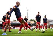 23 July 2025; Shelbourne players warm up before the UEFA Champions League Second Qualifying Round first leg match between Shelbourne and Qarabag FK at Tolka Park in Dublin. Photo by Ben McShane/Sportsfile