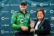 23 July 2025; Ireland captain Gaby Lewis is presented with the Player of the Series award by Cricket Ireland president Donna Armstrong after match three of the Women's T20 International Series between Ireland and Zimbabwe at Sydney Parade in Dublin. Photo by Seb Daly/Sportsfile