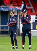 23 July 2025; Shelbourne head coach Joey O'Brien, right, and Shelbourne technical director Luke Byrne before the UEFA Champions League Second Qualifying Round first leg match between Shelbourne and Qarabag FK at Tolka Park in Dublin. Photo by Ben McShane/Sportsfile