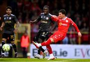 23 July 2025; Ali Coote of Shelbourne has a shot on goal under pressure from Emmanuel Addai of Qarabag during the UEFA Champions League Second Qualifying Round first leg match between Shelbourne and Qarabag FK at Tolka Park in Dublin. Photo by Stephen McCarthy/Sportsfile