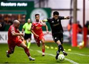 23 July 2025; Abdellah Zoubir of Qarabag in action against Mark Coyle of Shelbourne during the UEFA Champions League Second Qualifying Round first leg match between Shelbourne and Qarabag FK at Tolka Park in Dublin. Photo by Ben McShane/Sportsfile