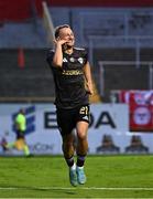 23 July 2025; Olexiy Kashchuk of Qarabag celebrates after scoring his side's second goal during the UEFA Champions League Second Qualifying Round first leg match between Shelbourne and Qarabag FK at Tolka Park in Dublin. Photo by Ben McShane/Sportsfile
