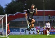 23 July 2025; Olexiy Kashchuk of Qarabag celebrates after scoring his side's second goal during the UEFA Champions League Second Qualifying Round first leg match between Shelbourne and Qarabag FK at Tolka Park in Dublin. Photo by Ben McShane/Sportsfile