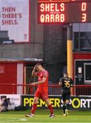 23 July 2025; JJ Lunney of Shelbourne reacts after conceding a third goal during the UEFA Champions League Second Qualifying Round first leg match between Shelbourne and Qarabag FK at Tolka Park in Dublin. Photo by Stephen McCarthy/Sportsfile