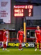 23 July 2025; Kameron Ledwidge of Shelbourne reacts after his side conceded a second goal during the UEFA Champions League Second Qualifying Round first leg match between Shelbourne and Qarabag FK at Tolka Park in Dublin. Photo by Stephen McCarthy/Sportsfile