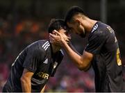 23 July 2025; Nariman Akhundzade of Qarabag, left, is congratulated by teammate Tural Bayramov after scoring their side's third goal during the UEFA Champions League Second Qualifying Round first leg match between Shelbourne and Qarabag FK at Tolka Park in Dublin. Photo by Ben McShane/Sportsfile