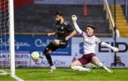 23 July 2025; Nariman Akhundzade of Qarabag scores his side's third goal despite the efforts of Shelbourne goalkeeper Lorcan Healy during the UEFA Champions League Second Qualifying Round first leg match between Shelbourne and Qarabag FK at Tolka Park in Dublin. Photo by Ben McShane/Sportsfile