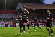 23 July 2025; Nariman Akhundzade of Qarabag, centre, celebrates after scoring his side's third goal during the UEFA Champions League Second Qualifying Round first leg match between Shelbourne and Qarabag FK at Tolka Park in Dublin. Photo by Ben McShane/Sportsfile