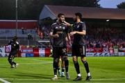 23 July 2025; Nariman Akhundzade of Qarabag, left, celebrates with teammate Abdellah Zoubir after scoring their side's third goal during the UEFA Champions League Second Qualifying Round first leg match between Shelbourne and Qarabag FK at Tolka Park in Dublin. Photo by Ben McShane/Sportsfile