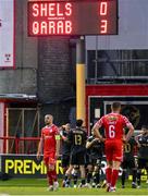 23 July 2025; Mark Coyle of Shelbourne, left, reacts after conceding a third goal during the UEFA Champions League Second Qualifying Round first leg match between Shelbourne and Qarabag FK at Tolka Park in Dublin. Photo by Stephen McCarthy/Sportsfile