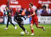 23 July 2025; Harry Wood of Shelbourne in action against Emmanuel Addai of Qarabag during the UEFA Champions League Second Qualifying Round first leg match between Shelbourne and Qarabag FK at Tolka Park in Dublin. Photo by Ben McShane/Sportsfile