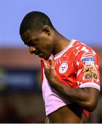 23 July 2025; Mipo Odubeko of Shelbourne dejected after his side's defeat in the UEFA Champions League Second Qualifying Round first leg match between Shelbourne and Qarabag FK at Tolka Park in Dublin. Photo by Stephen McCarthy/Sportsfile