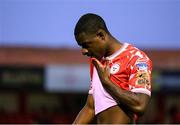 23 July 2025; Mipo Odubeko of Shelbourne dejected after his side's defeat in the UEFA Champions League Second Qualifying Round first leg match between Shelbourne and Qarabag FK at Tolka Park in Dublin. Photo by Stephen McCarthy/Sportsfile