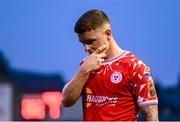 23 July 2025; Kameron Ledwidge of Shelbourne dejected after his side's defeat in the UEFA Champions League Second Qualifying Round first leg match between Shelbourne and Qarabag FK at Tolka Park in Dublin. Photo by Stephen McCarthy/Sportsfile