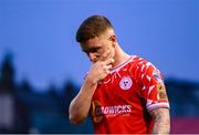 23 July 2025; Kameron Ledwidge of Shelbourne dejected after his side's defeat in the UEFA Champions League Second Qualifying Round first leg match between Shelbourne and Qarabag FK at Tolka Park in Dublin. Photo by Stephen McCarthy/Sportsfile