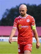 23 July 2025; Mark Coyle of Shelbourne dejected after his side's defeat in the UEFA Champions League Second Qualifying Round first leg match between Shelbourne and Qarabag FK at Tolka Park in Dublin. Photo by Stephen McCarthy/Sportsfile