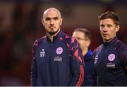 23 July 2025; Shelbourne head coach Joey O'Brien, left, and Shelbourne technical director Luke Byrne after their side's defeat in the UEFA Champions League Second Qualifying Round first leg match between Shelbourne and Qarabag FK at Tolka Park in Dublin. Photo by Stephen McCarthy/Sportsfile