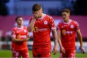 23 July 2025; Kameron Ledwidge of Shelbourne dejected after his side's defeat in the UEFA Champions League Second Qualifying Round first leg match between Shelbourne and Qarabag FK at Tolka Park in Dublin. Photo by Stephen McCarthy/Sportsfile