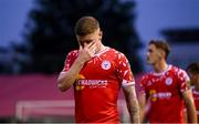 23 July 2025; Kameron Ledwidge of Shelbourne dejected after his side's defeat in the UEFA Champions League Second Qualifying Round first leg match between Shelbourne and Qarabag FK at Tolka Park in Dublin. Photo by Stephen McCarthy/Sportsfile