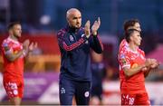 23 July 2025; Shelbourne head coach Joey O'Brien applauds the supporters after his side's defeat in the UEFA Champions League Second Qualifying Round first leg match between Shelbourne and Qarabag FK at Tolka Park in Dublin. Photo by Stephen McCarthy/Sportsfile