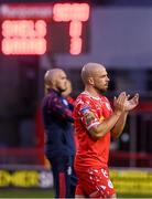 23 July 2025; Mark Coyle of Shelbourne applauds the supporters after his side's defeat in the UEFA Champions League Second Qualifying Round first leg match between Shelbourne and Qarabag FK at Tolka Park in Dublin. Photo by Stephen McCarthy/Sportsfile