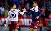 23 July 2025; Shelbourne goalkeeper Lorcan Healy, left, and Shelbourne goalkeeper Wessel Speel, shake hands after their side's defeat in the UEFA Champions League Second Qualifying Round first leg match between Shelbourne and Qarabag FK at Tolka Park in Dublin. Photo by Ben McShane/Sportsfile
