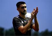 23 July 2025; Tural Bayramov of Qarabag applauds the supporters after his side's victory in the UEFA Champions League Second Qualifying Round first leg match between Shelbourne and Qarabag FK at Tolka Park in Dublin. Photo by Ben McShane/Sportsfile