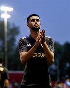 23 July 2025; Tural Bayramov of Qarabag applauds the supporters after his side's victory in the UEFA Champions League Second Qualifying Round first leg match between Shelbourne and Qarabag FK at Tolka Park in Dublin. Photo by Ben McShane/Sportsfile