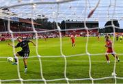 23 July 2025; Olexiy Kashchuk of Qarabag scores his side's second goal during the UEFA Champions League Second Qualifying Round first leg match between Shelbourne and Qarabag FK at Tolka Park in Dublin. Photo by Stephen McCarthy/Sportsfile