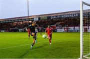 23 July 2025; Olexiy Kashchuk of Qarabag scores his side's second goal during the UEFA Champions League Second Qualifying Round first leg match between Shelbourne and Qarabag FK at Tolka Park in Dublin. Photo by Stephen McCarthy/Sportsfile