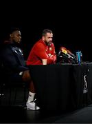 24 July 2025; Head coach Andy Farrell, right, and captain Maro Itoje during a British & Irish Lions media conference at Xavier College in Melbourne, Australia. Photo by Brendan Moran/Sportsfile