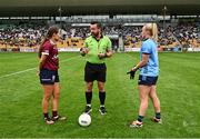 19 July 2025; Referee Séamus Mulvihill with team captains Kate Geraghty of Galway and Carla Rowe of Dublin before the TG4 All-Ireland Ladies Football Senior Championship semi-final match between Dublin and Galway at Glenisk O’Connor Park in Tullamore, Offaly. Photo by Piaras Ó Mídheach/Sportsfile